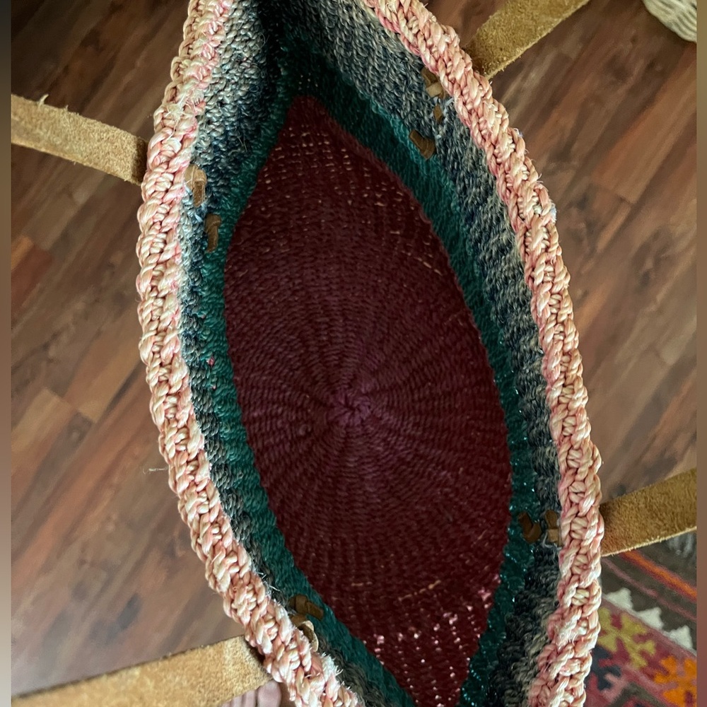 Woven Colorblock Straw Bag with Leather Handles - Picture 2 of 4
